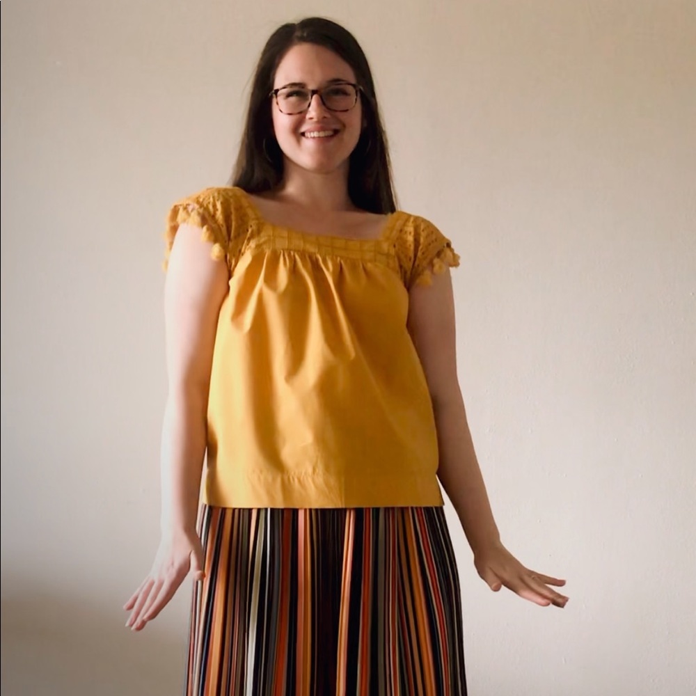 J Crew Mustard Eyelet Tassle Sleeve Top